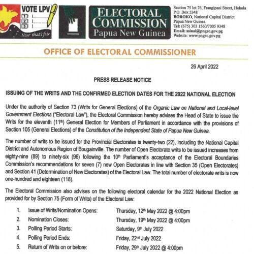 Issuing of the Writs and the Confirmed Election Dates for the 2022 National Election