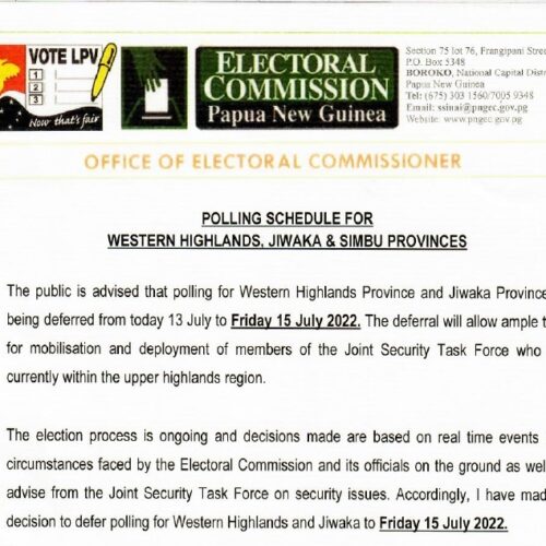 WHP & JIWAKA POLLING DEFERRED